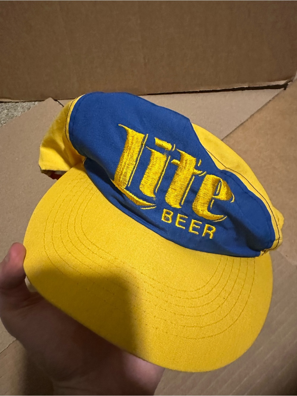 Vintage miller lite beer yellow and blue 1980s era hat